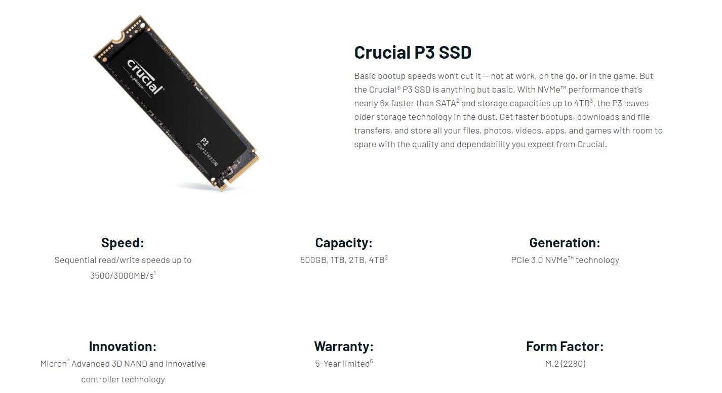 Crucial P3 500GB 1TB 2TB PCIe Gen3 3D NAND NVMe M.2 SSD, up to