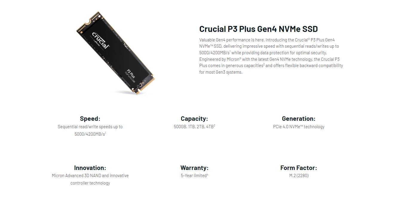 Crucial P3 Plus 500GB, 1TB PCIe 4.0 Gen4 NVMe M.2 Storage Spacious