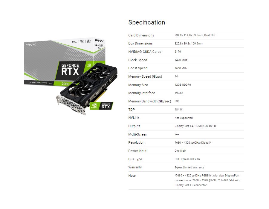 PNY nVidia GeForce RTX 2060 12GB REVEL Dual Fan Specs