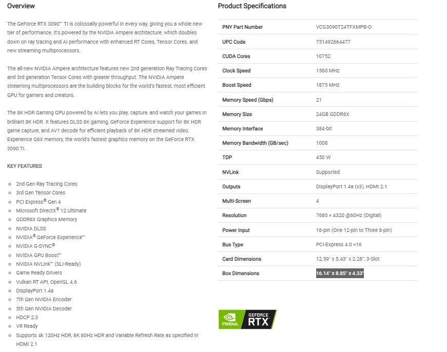 PNY nVidia GeForce RTX 3090 Ti 24GB Specs
