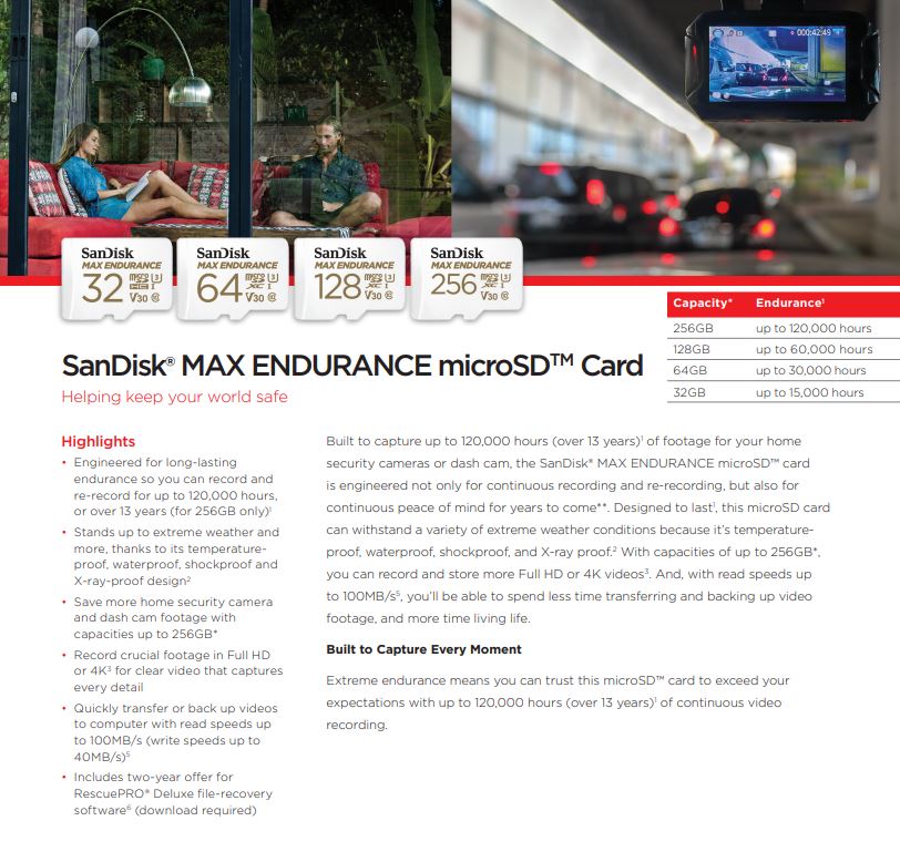 SanDisk MAX Endurance MicroSD, U3, V30, C10, Full HD recording, w/Adapter
