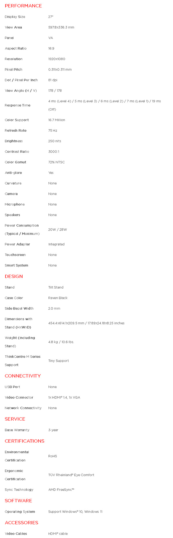 Lenovo C27-40 27" 75Hz Full HD 4ms FreeSync VA Monitor